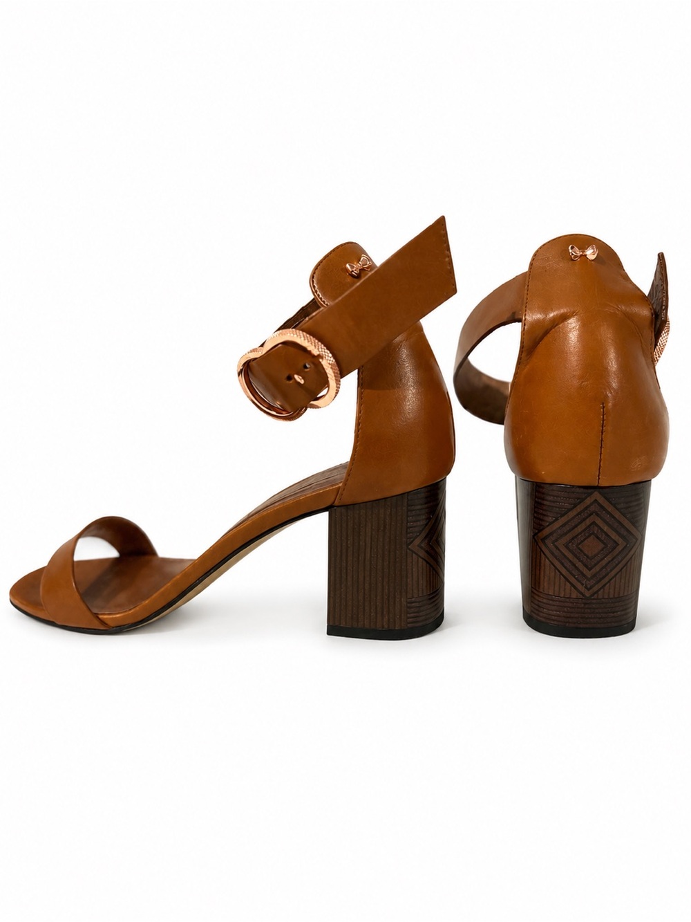 Ted Baker Tan Brown Leather Block Heel with gold bow accents size 37.5/7.5
